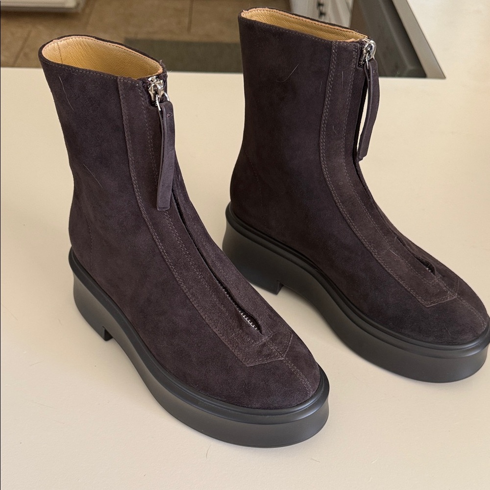 The Row Suede Front-Zip Platform Ankle Boots - Brown NEVER WORN